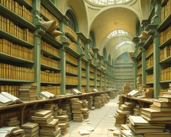 Grand library with towering shelves and sunlight glow