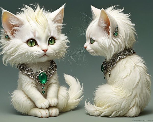 Two White Kittens with Green Gemstone Necklaces