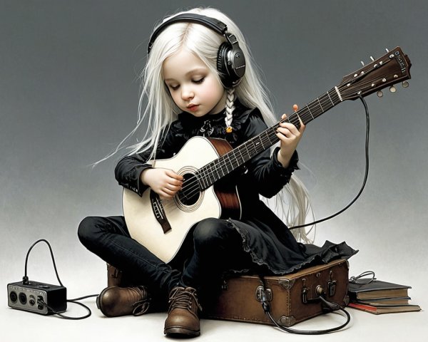 Caucasian Child with Guitar on Vintage Suitcase