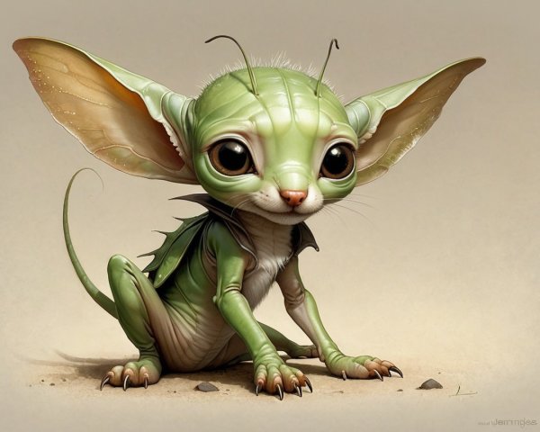 Small whimsical creature with green skin and large eyes