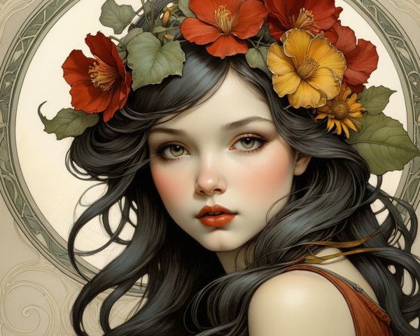 Portrait of a Young Woman with Floral Accents