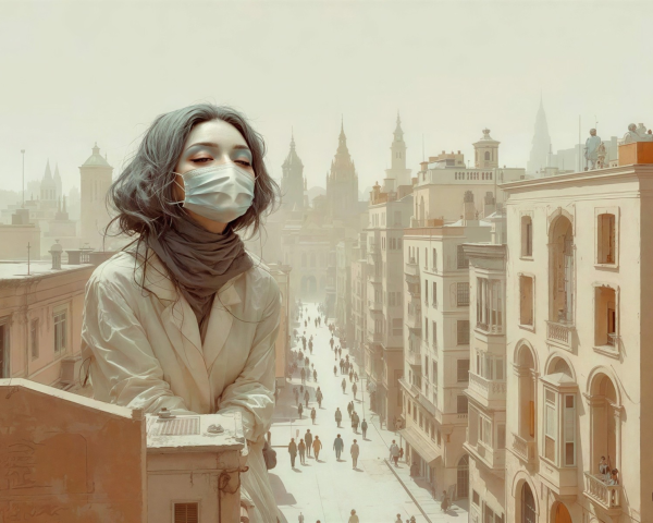 Woman with grey-blue hair in a cityscape scene