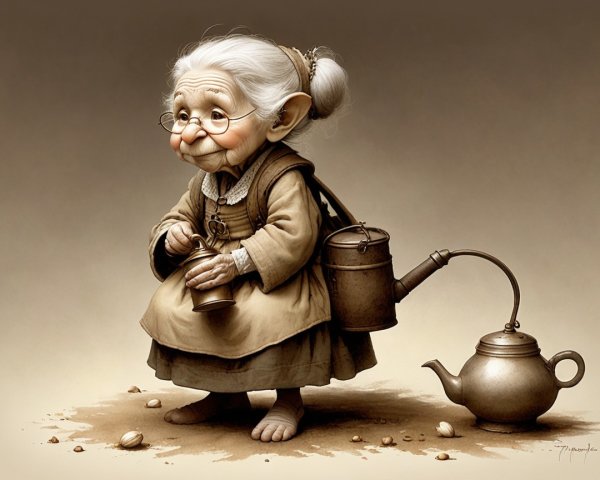 Digital Artwork of a Whimsical Old Woman with Watering Can