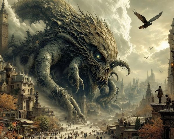 Eldritch Beast Emerges Over Fantasy Cityscape