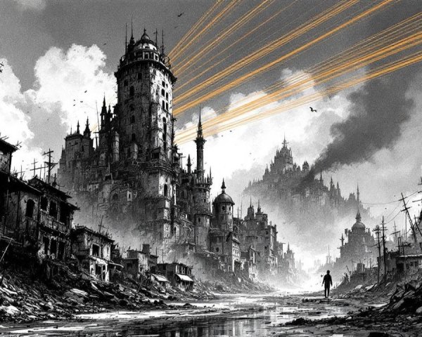 Desolate Landscape with Crumbling Buildings and Shadows