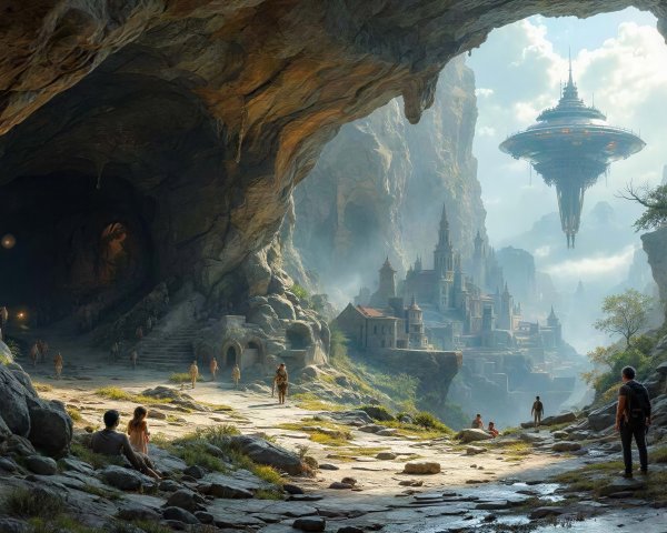 Futuristic Sci-Fi Landscape with Cave and City View