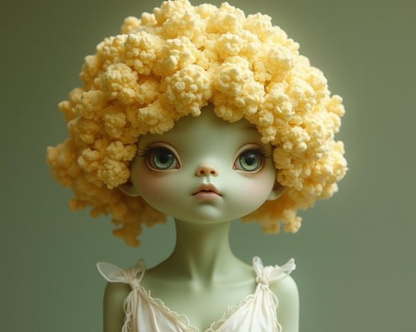 Whimsical Doll with Popcorn Hairstyle and Green Skin