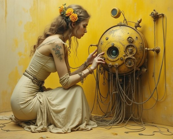 Vintage gown woman with diving helmet in warm setting