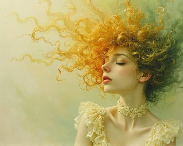 Young woman with golden curls in ethereal setting