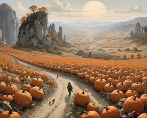 Serene Autumn Landscape with Pumpkin Patch and Hills