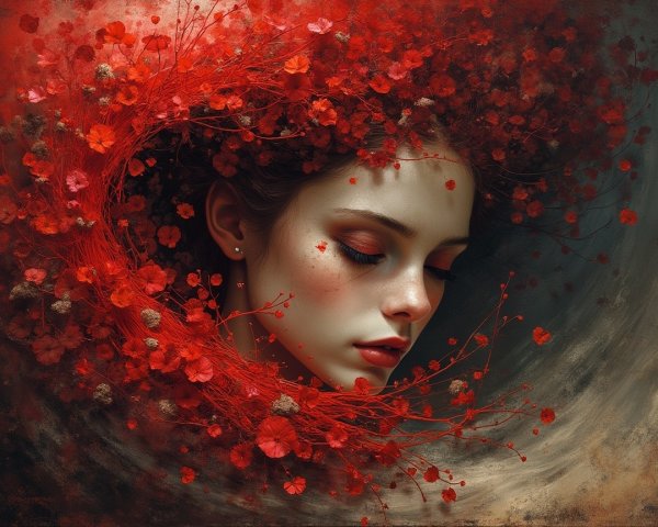 Ethereal Portrait of Woman with Red Floral Halo