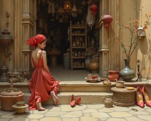 Young Woman in Red Dress Surrounded by Pottery and Lanterns