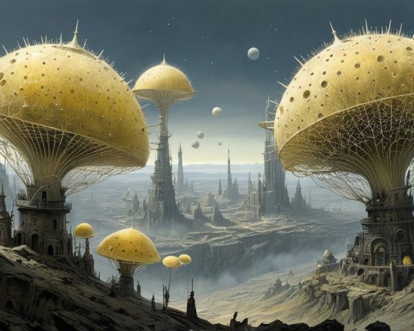 Surreal Landscape with Golden Mushroom Structures