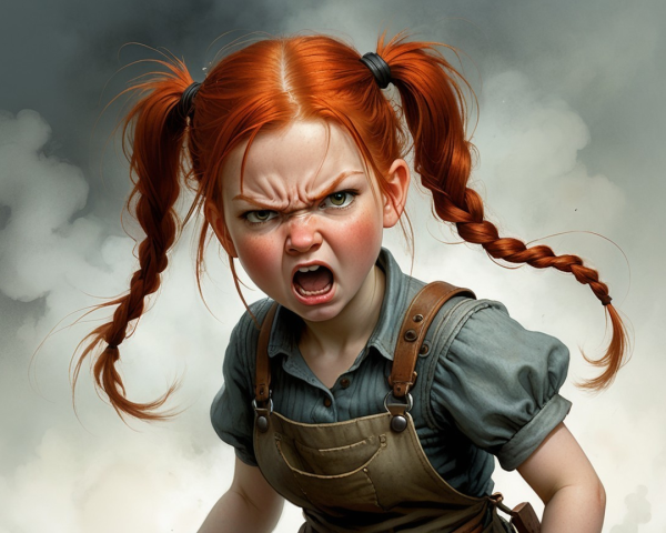 Fiery-haired girl with intense expression in rustic setting