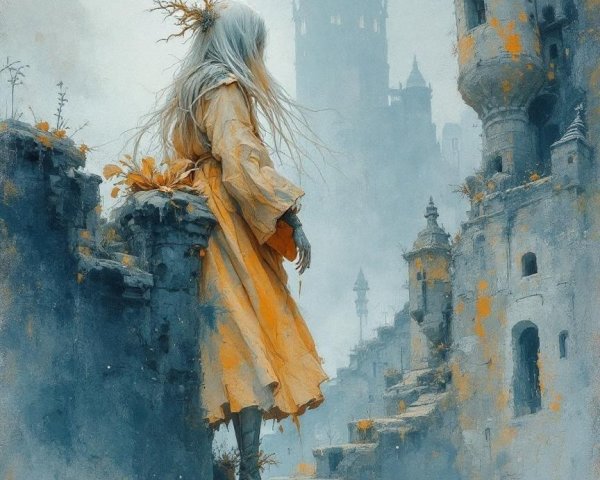 Ancient Elf in Yellow Cloak by Abandoned Castle