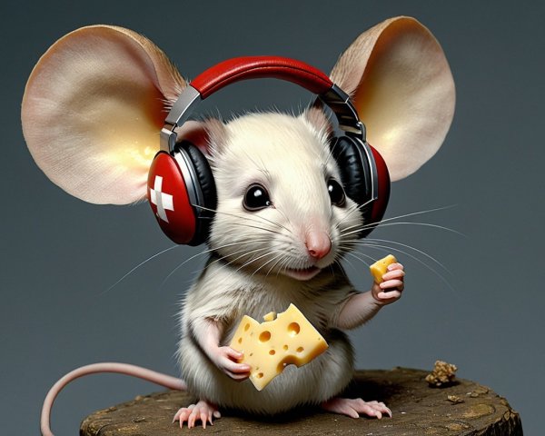 Cartoon Mouse with Headphones and Cheese on Stump