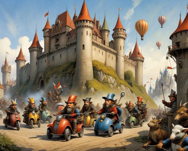 Whimsical Castle Scene with Miniature Cars and Balloons