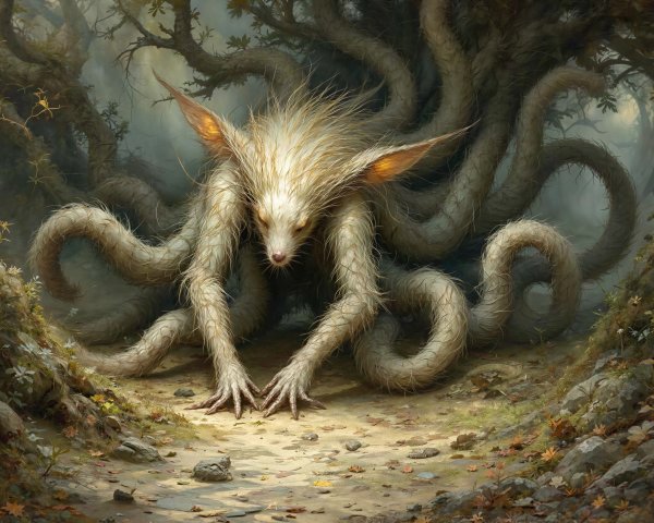 Fuzzy Creature with Tentacles in Dark Forest Setting