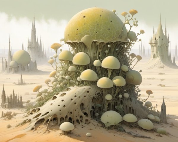 Surreal Landscape with Mushroom-Capped Structures