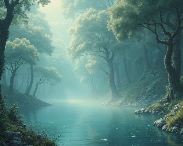Misty Forest Landscape with Tranquil River Scene