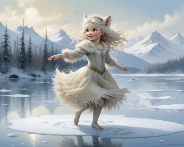 Whimsical Winter Scene of a Girl on Frozen Lake