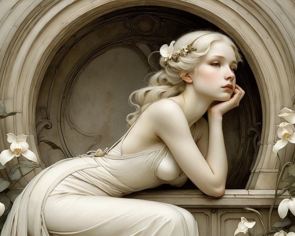 Serene Figure in Ornate Archway with Ethereal Gown