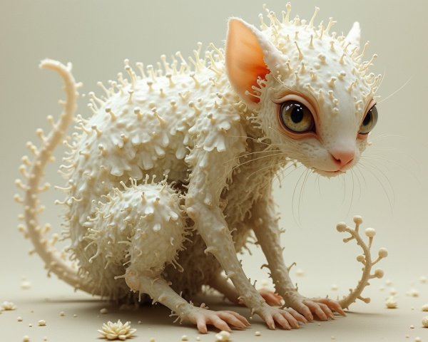 Whimsical Fuzzy Creature with Coral Spikes and Flowers