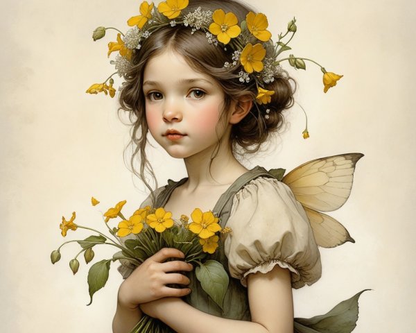 Young girl with floral crown and butterfly wings
