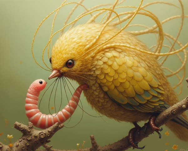 Whimsical Yellow Bird and Pink Caterpillar Scene