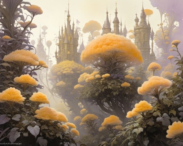 Surreal Landscape with Yellow Foliage and Castles