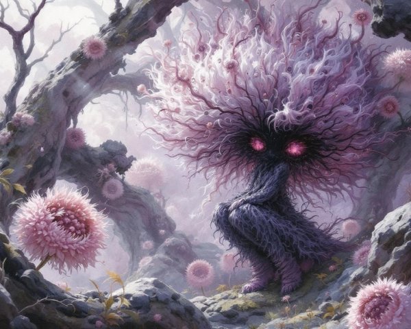 Whimsical Tree Figure Among Pink Flowers and Mist