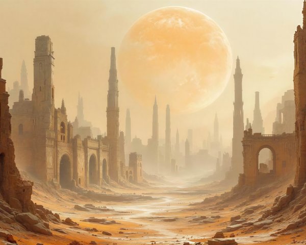 Desert Landscape with Ancient Ruins and Orange Planet