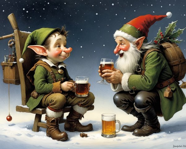 Christmas Elves Enjoying Beer in Snowy Twilight Scene