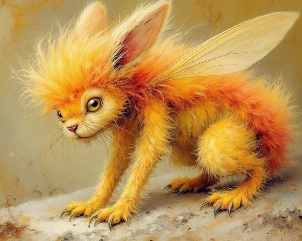 Whimsical Cat-Fairy Creature with Orange Fur and Wings