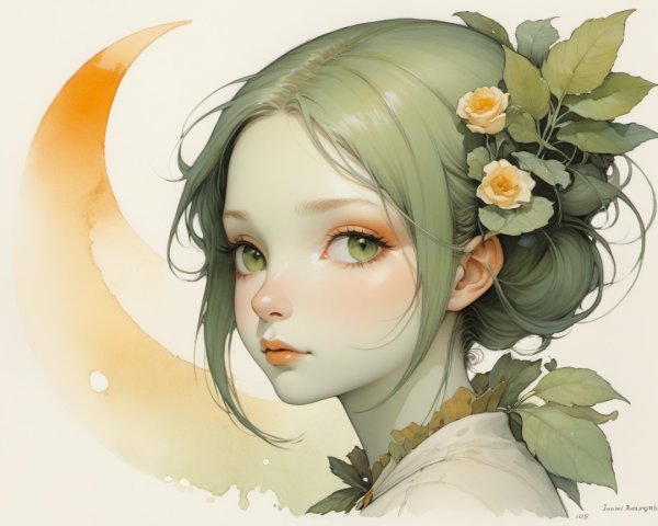 Serene young woman with green skin and moonlit background