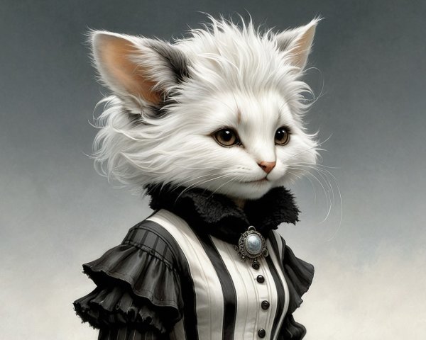 Anthropomorphic Cat in Victorian Dress with Ruffles