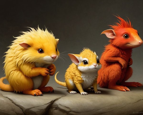 Trio of Colorful Fantastical Creatures on Rocks