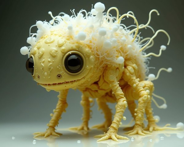 Whimsical creature with yellow skin and fluffy appendages