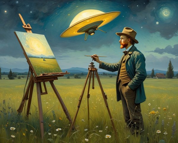 19th-Century Painter in Sunlit Meadow with Saturn