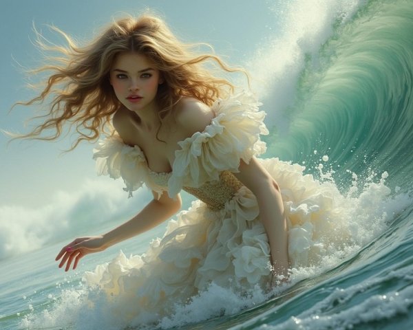 Ethereal Figure in Cream Gown Amid Vibrant Waves