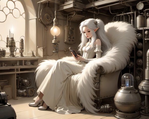 Steampunk Room with Elegant Figure and Intricate Decor