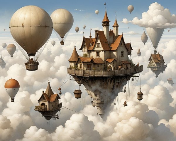 Whimsical Floating Castle with Colorful Hot Air Balloons