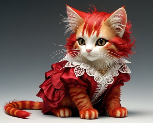 Anthropomorphic orange tabby cat in red dress