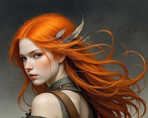 Portrait of a Young Woman with Orange Hair and Feathers