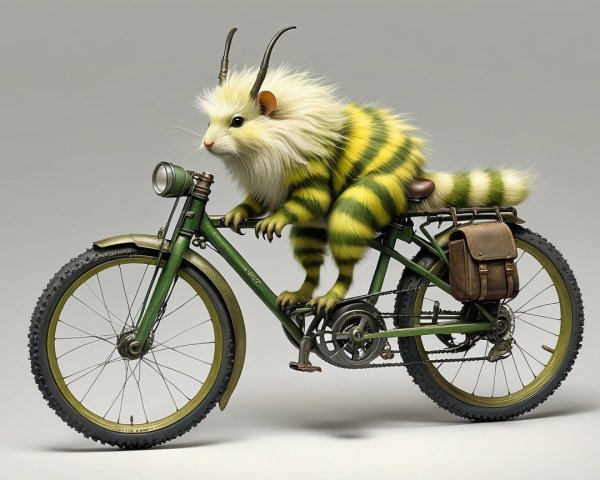 Whimsical Creature on Vintage Green Bicycle Scene