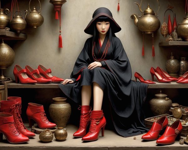 Stylish figure in black kimono with red shoes backdrop