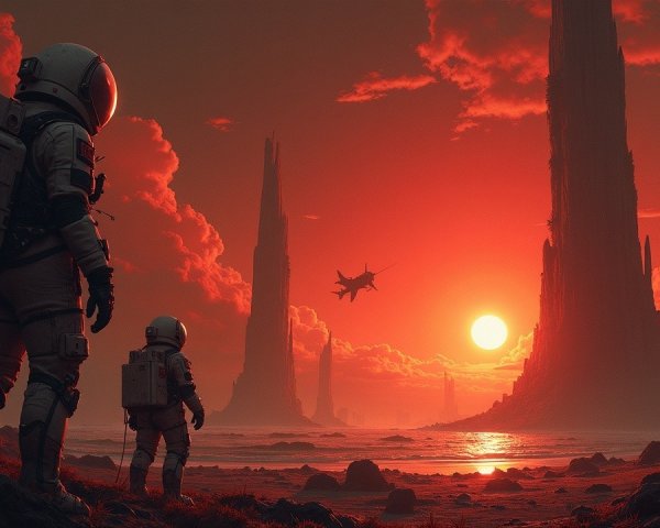 Astronauts in a Surreal Alien Landscape at Sunset