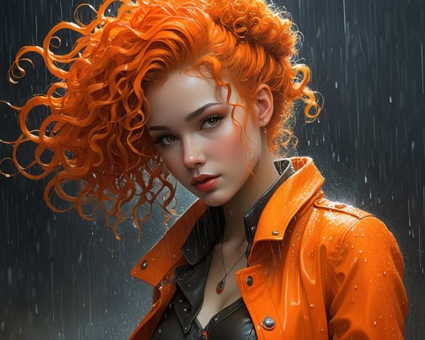 Young woman with orange hair in rain and stylish outfit