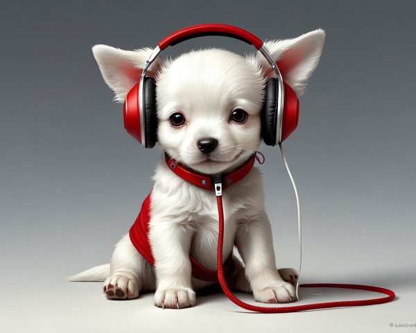 Fluffy white puppy with red headphones on gray background