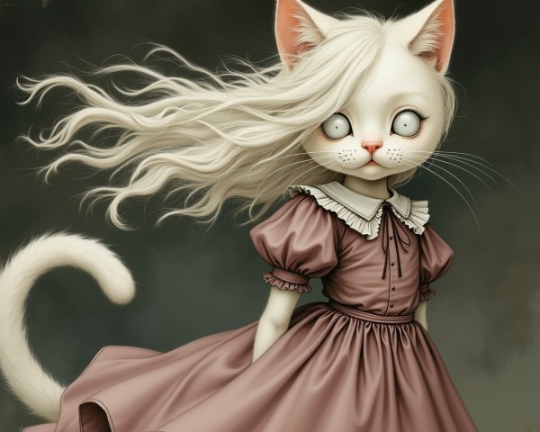 Whimsical Cat in Vintage Dress with Flowing Fur
